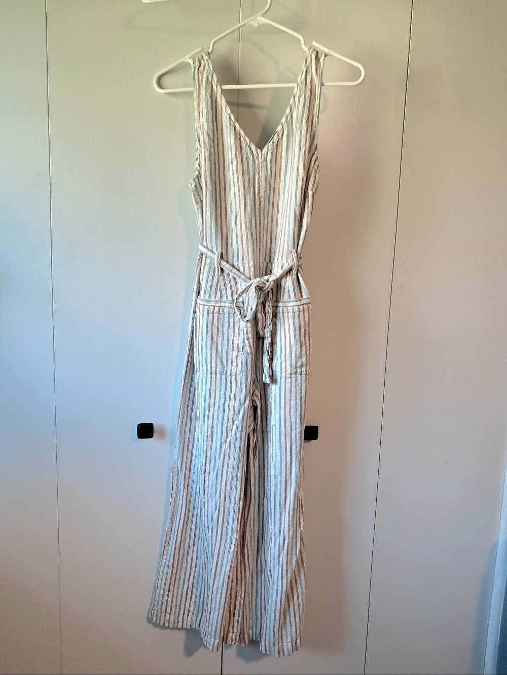 Dip Striped Linen-Blend Sleeveless Jumpsuit - White With Multi-colored Stripes